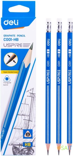 Карандаш ч/г Deli EC001-HB Uspire HB трехгран. тополь карт.кор. (12шт) ластик