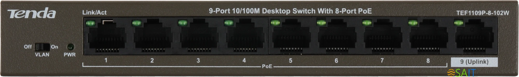 Коммутатор Tenda TEF1109P-8-102W (L2) 9x100Мбит/с 8PoE 92W неуправляемый