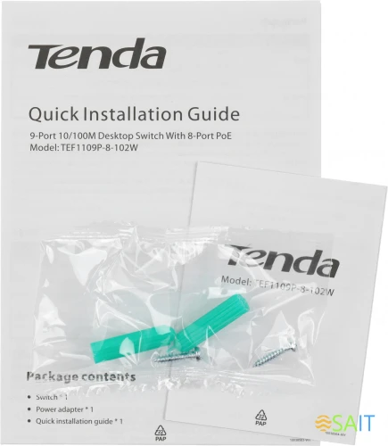 Коммутатор Tenda TEF1109P-8-102W (L2) 9x100Мбит/с 8PoE 92W неуправляемый