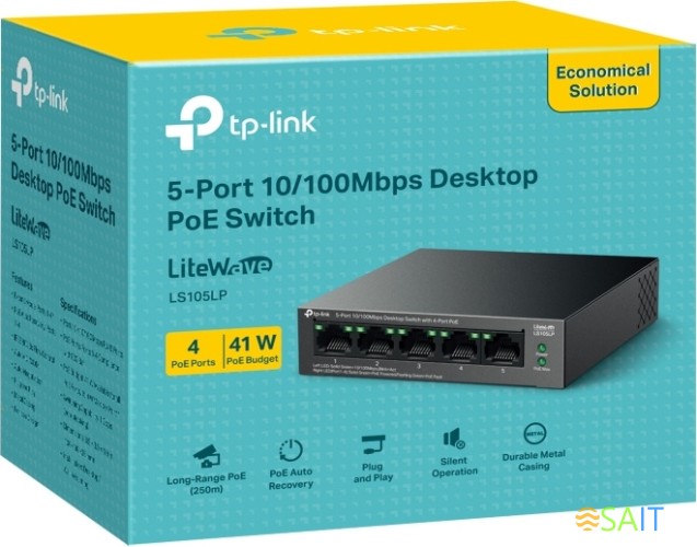 Коммутатор TP-Link LS105LP (L2) 5x100Мбит/с 4PoE 41W неуправляемый