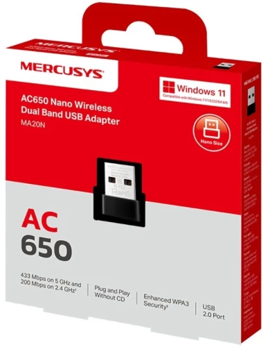 Сетевой адаптер Wi-Fi Mercusys MA20N AC650 USB 2.0 (ант.внутр.) 1ант.